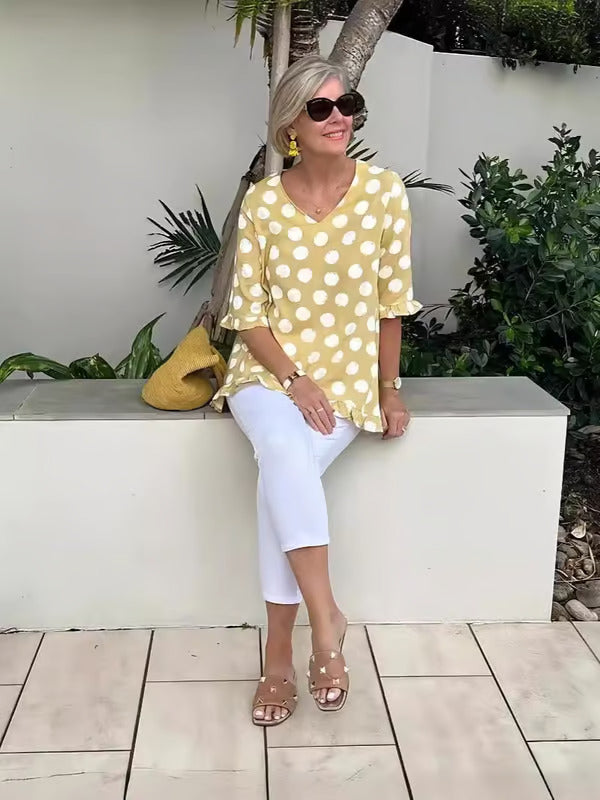 Denise | Blouse femme à pois col V, coupe détendue confortable et élégante