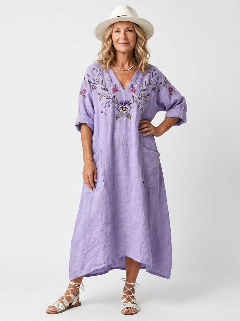 Tavi | Robe midi femme oversize à poches, broderie florale