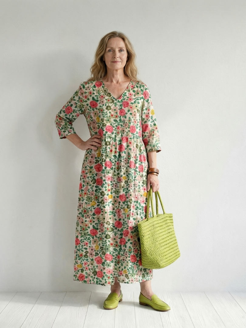 Apollonie | Robe midi femme à fleurs légère, manches longues col V tissu délicat