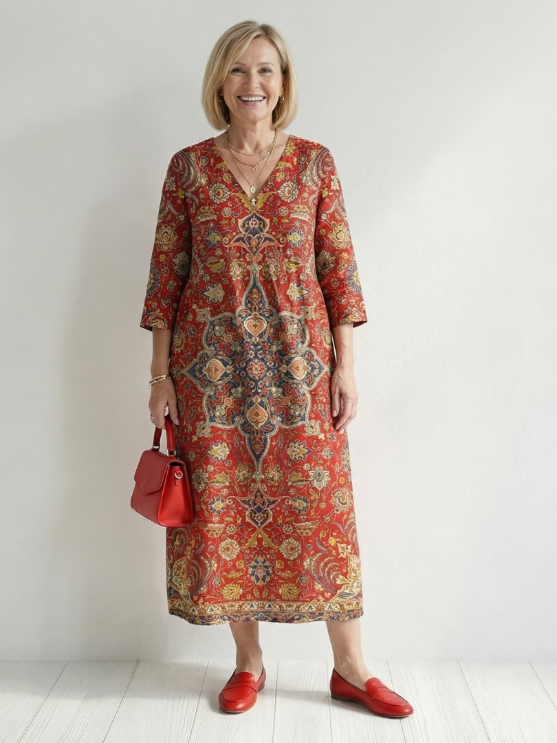 Séraphine | Robe midi femme patchwork, manches longues col V tissu doux