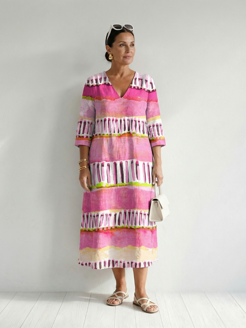 Antoinette | Robe midi femme fluide à rayures, motifs variés manches longues