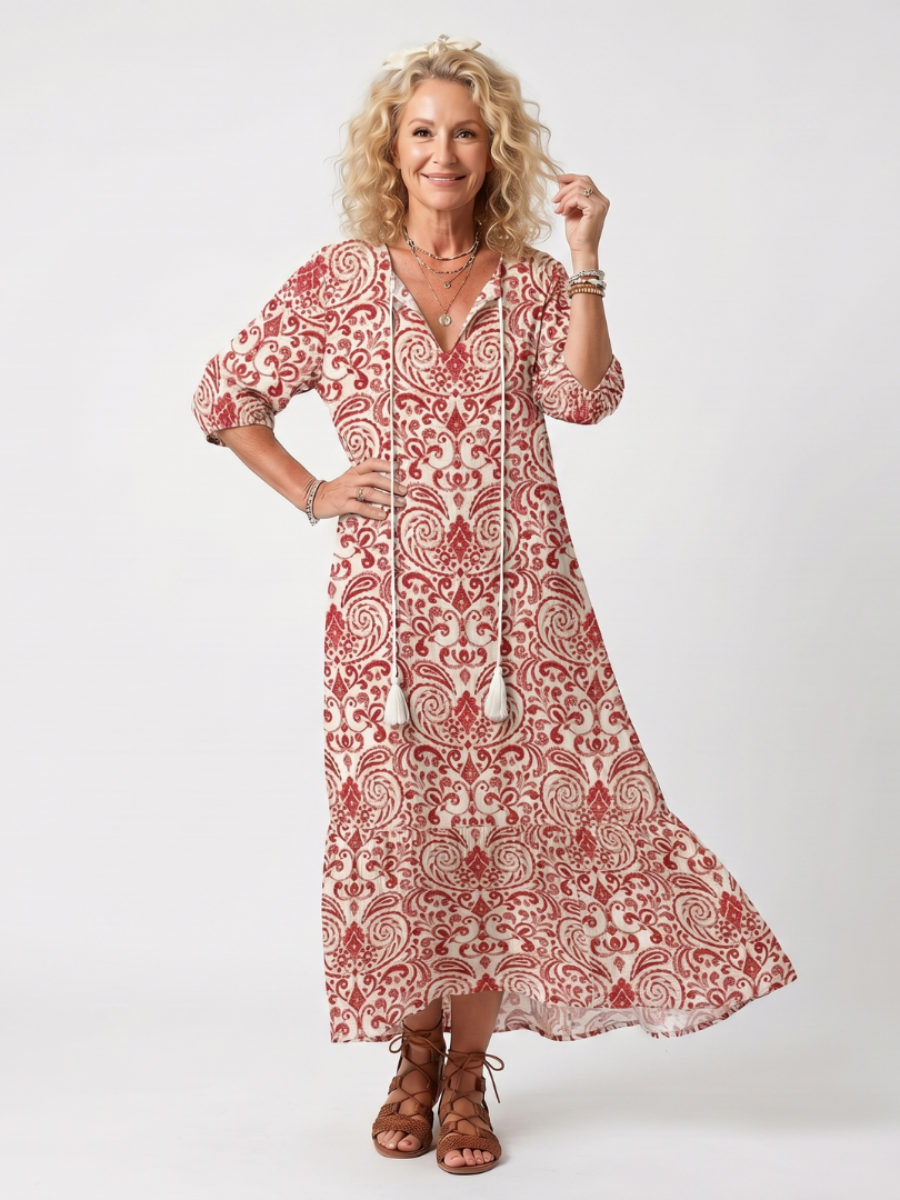 Noelle | Robe midi femme à imprimé travaillé, col noué à pompons