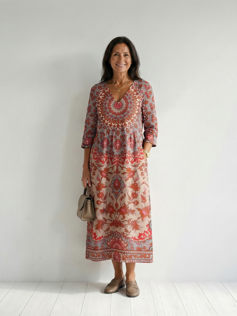 Colombe | Robe midi femme fluide légère, manches longues motif bordure