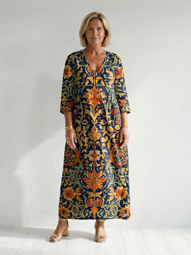 Elise | Robe midi femme imprimé floral, manches longues col V tissu doux