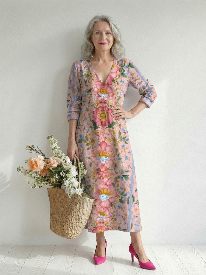 Domitille | Robe midi femme imprimé floral, fluide légère col V bohème chic