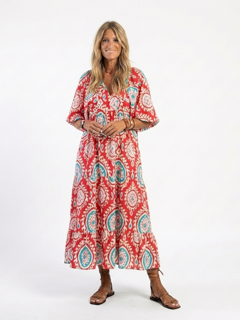 Zaria | Robe midi femme col V, manches courtes imprimé cachemire