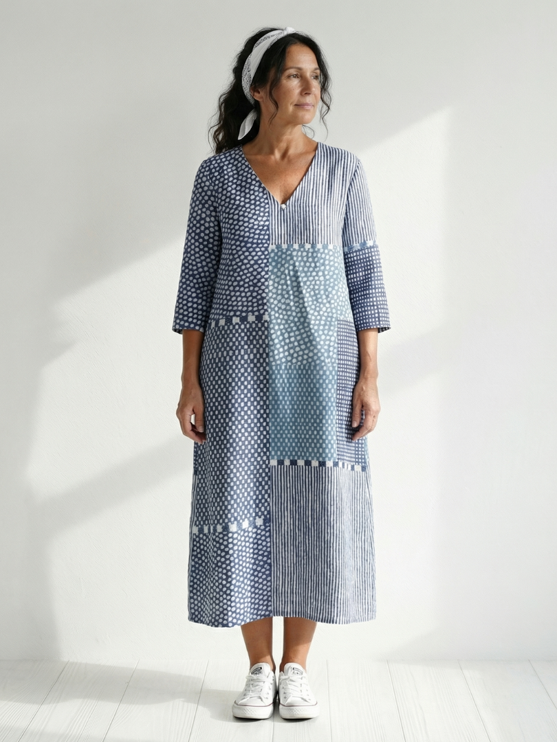 Nolan | Robe midi femme patchwork, coupe ajustée élégante