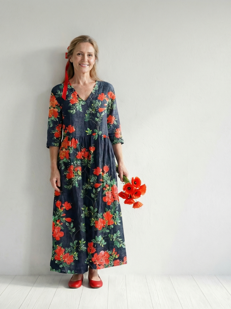 Célestine | Robe midi femme florale décontractée, coupe ample tissu doux naturel