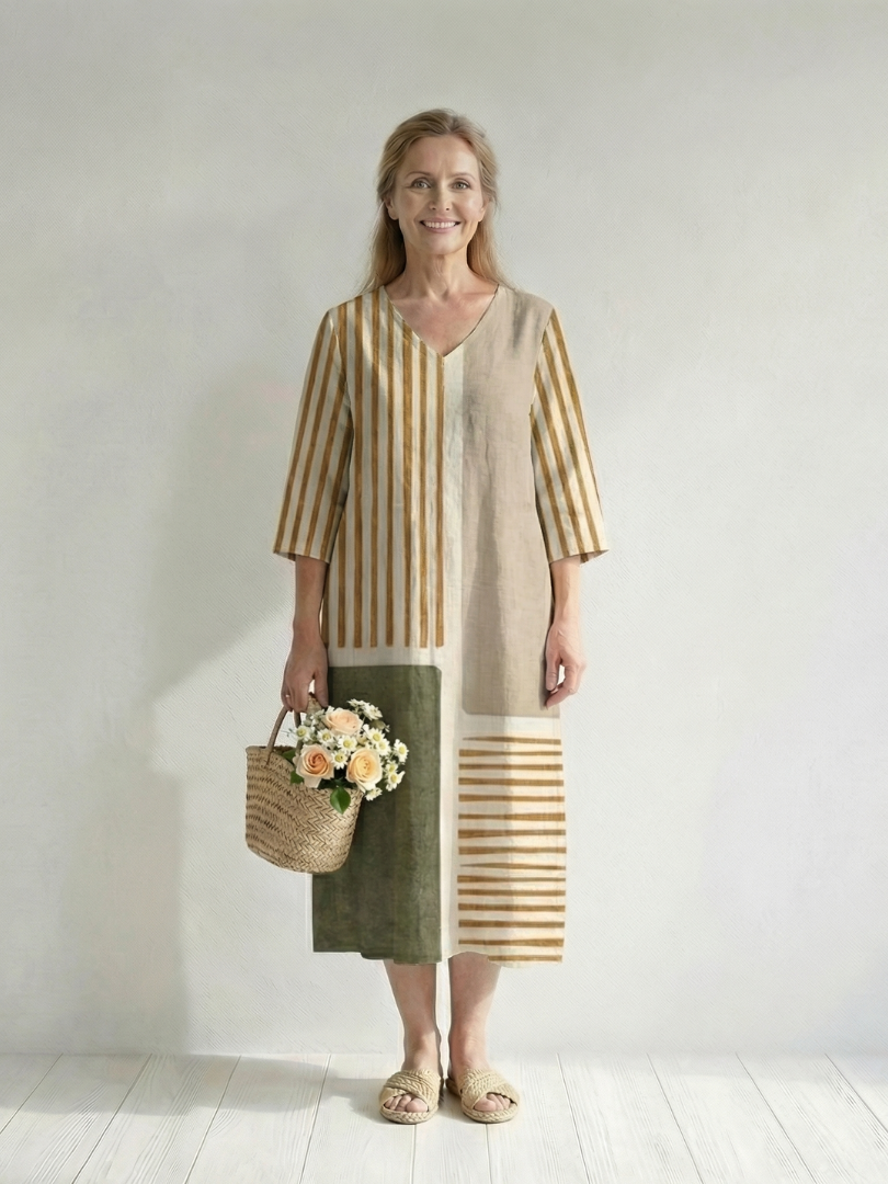 Marguerite | Robe midi femme rayée décontractée, manches longues col V