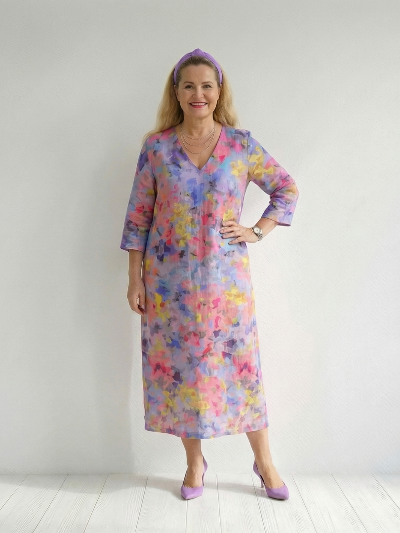 Ombeline | Robe midi femme fleurie fluide, manches longues motif floral abstrait