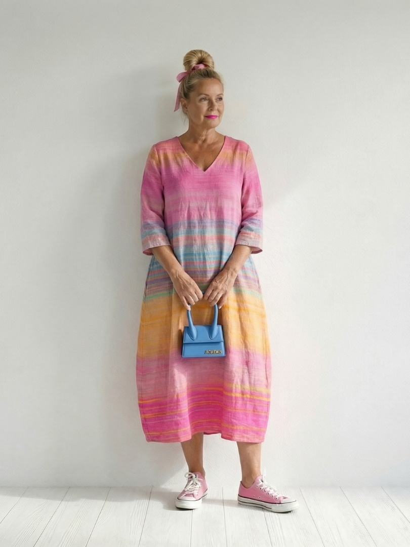 Blake | Robe midi femme rayée décontractée, manches longues col V fluide