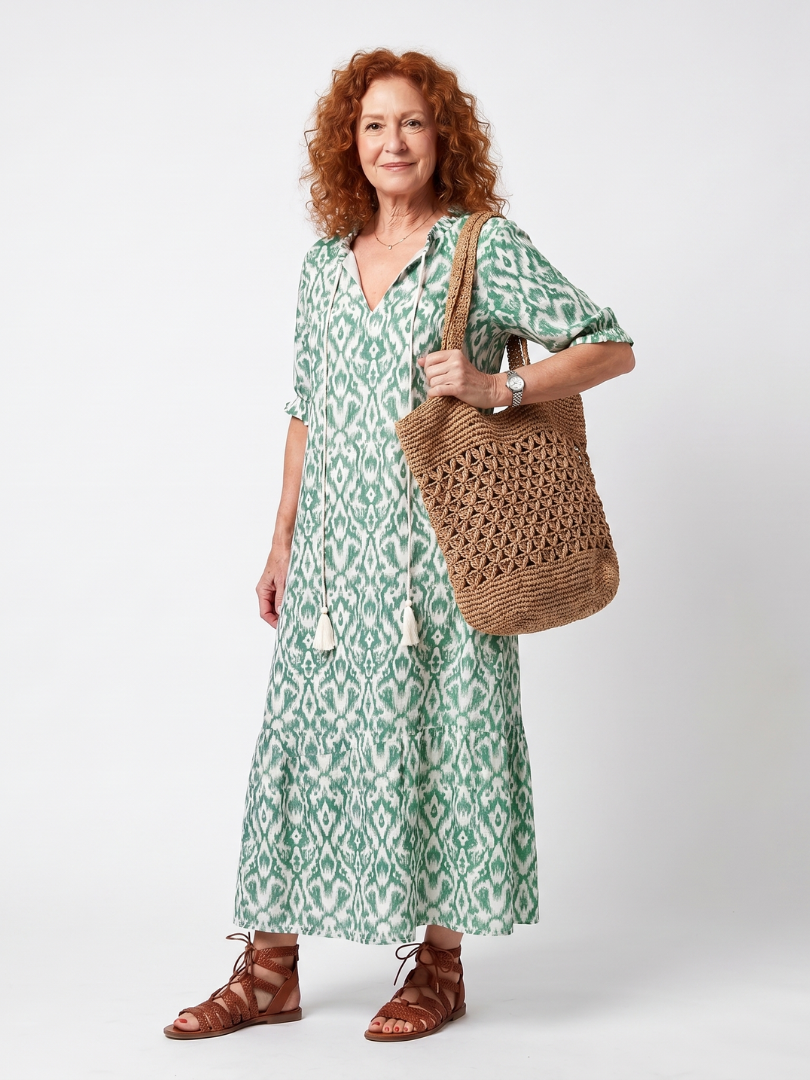 Bertille | Robe midi femme légère à motifs, col V décontractée avec pompons