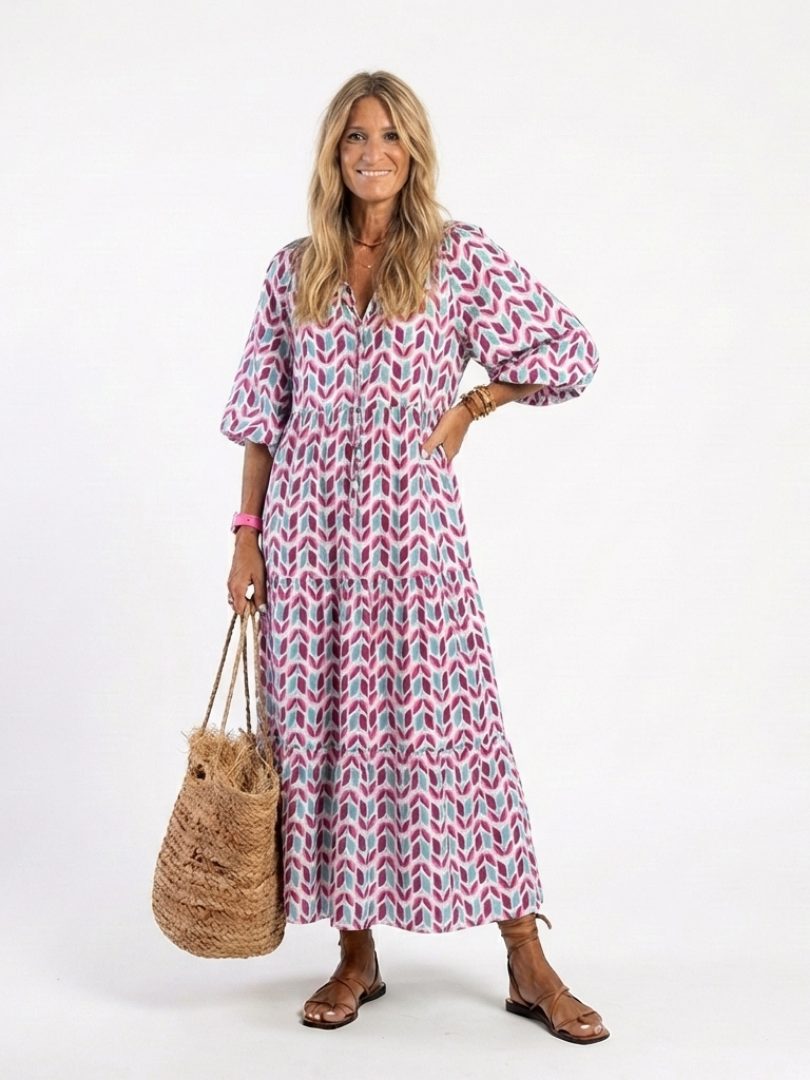 Mireya | Robe midi femme à volants, manches longues imprimé géométrique