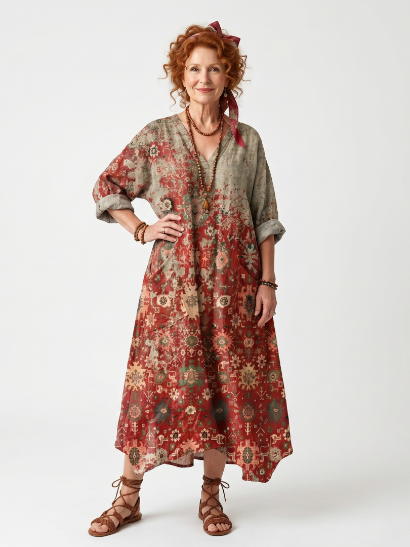 Saffron | Robe midi femme décontractée à poches, motifs mélangés