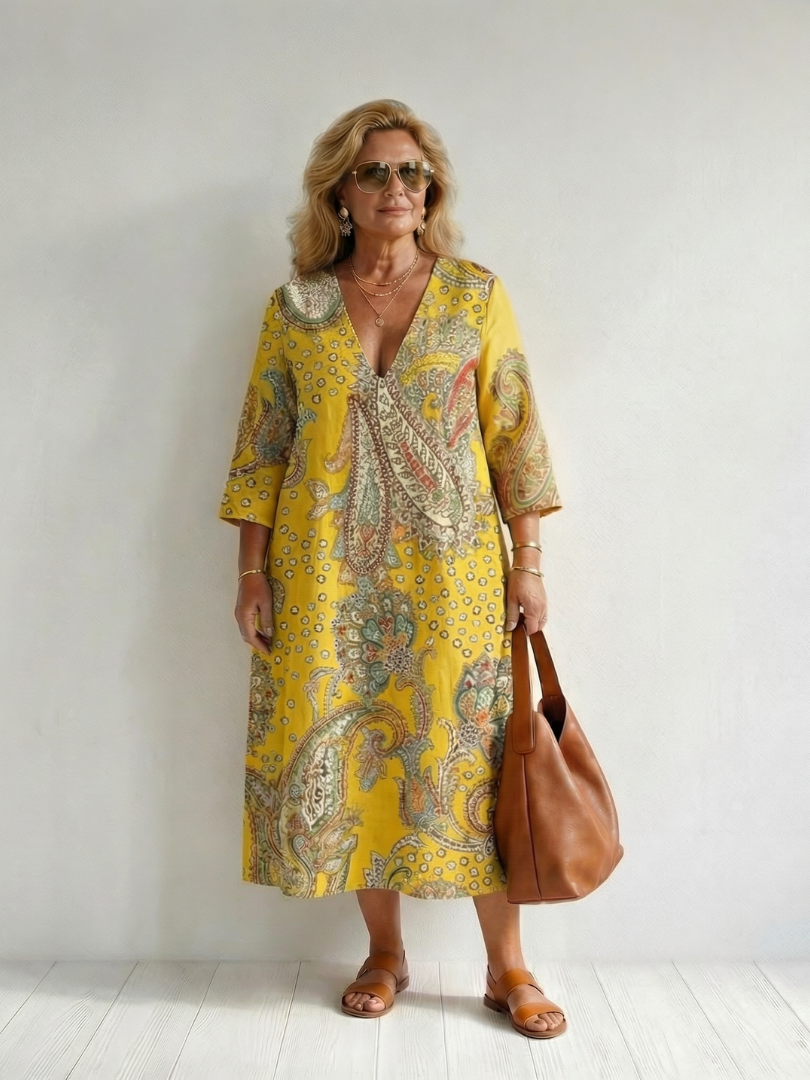 Philippine | Robe midi femme imprimé cachemire, légère respirante col V