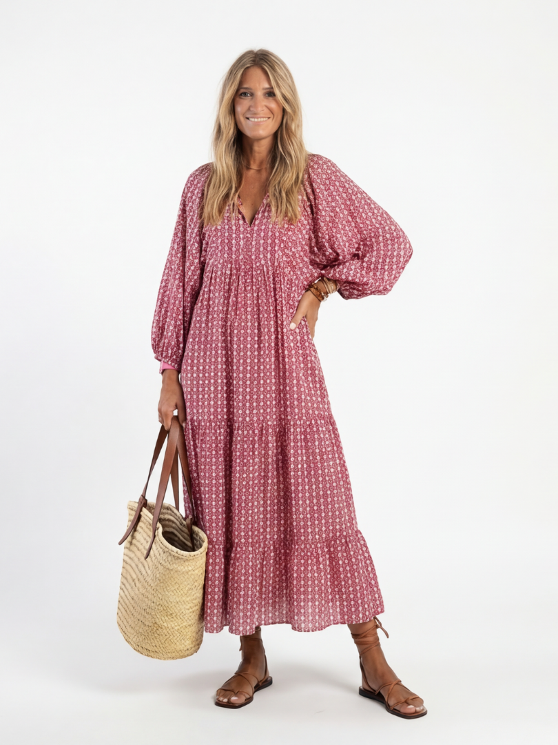Arlette | Robe midi femme à manches longues, imprimé géométrique