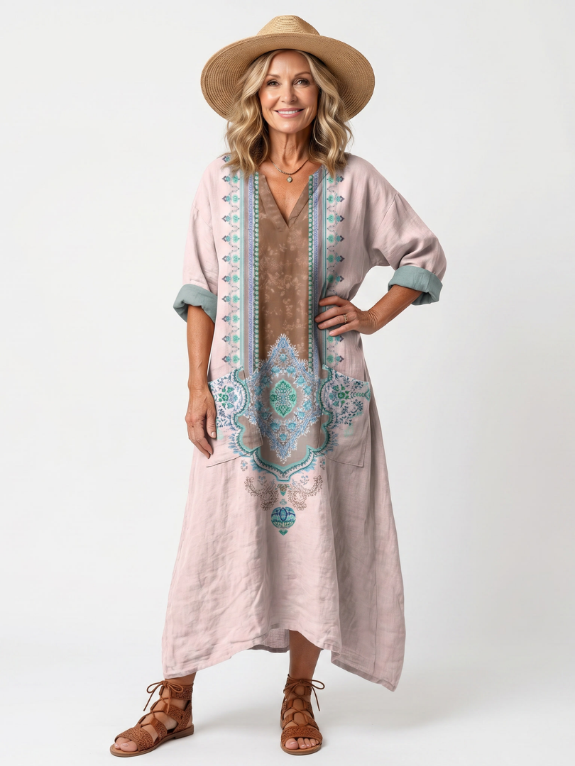 Kenza | Robe midi femme décontractée à poches, panneau brodé