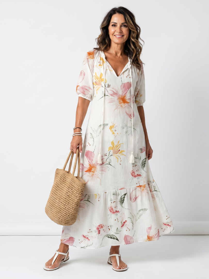 Noa | Robe midi femme à volants, imprimé floral doux et pompons