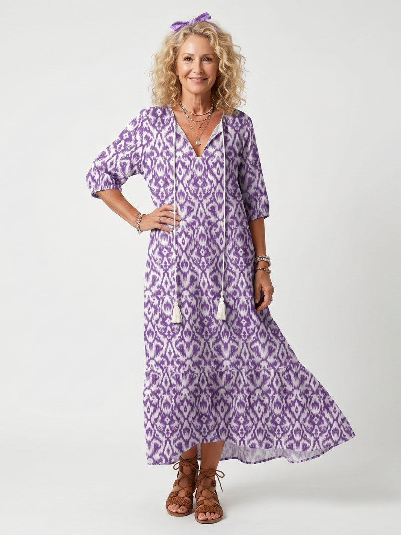 Penelope | Robe midi femme imprimée, col noué à pompons