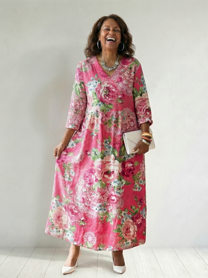 Freya | Robe midi femme fleurie, légère fluide col V manches longues