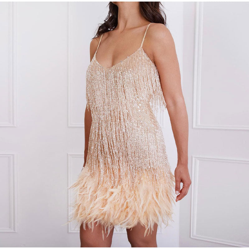 Ambre | Robe de cocktail femme à franges et plumes, robe de soirée
