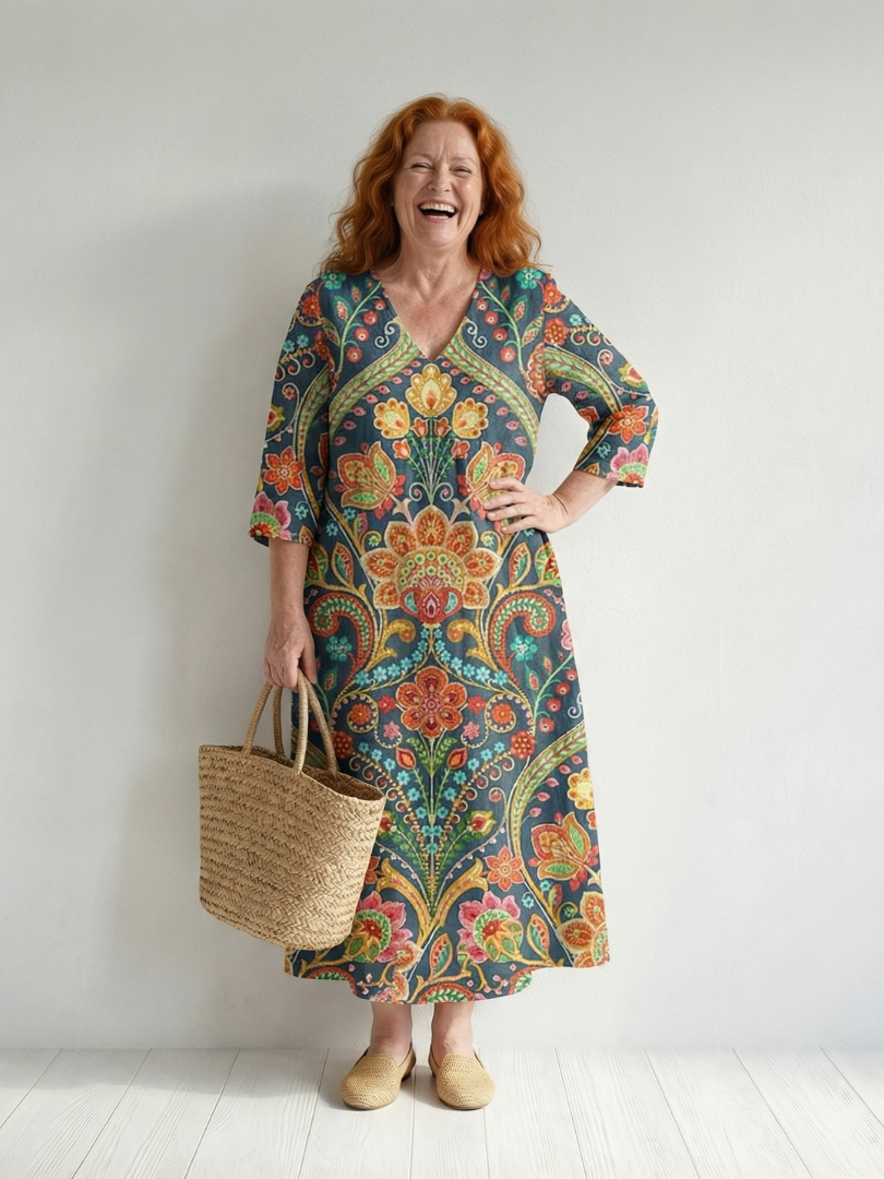 Clothilde | Robe midi femme fleurie fluide, élégante manches longues col V