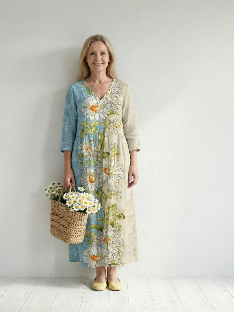 Pâquerette | Robe midi femme imprimé marguerites, légère fluide manches longues