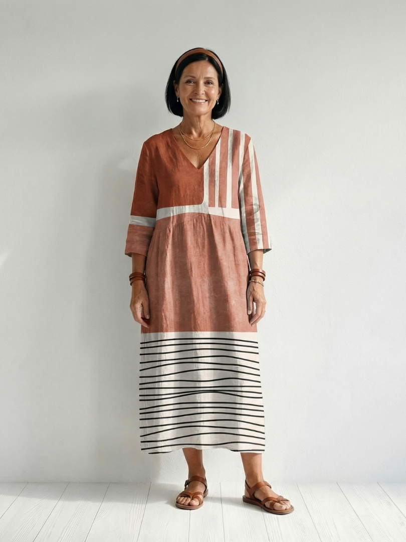 Henriette | Robe midi femme rayée fluide, col V décontractée légère