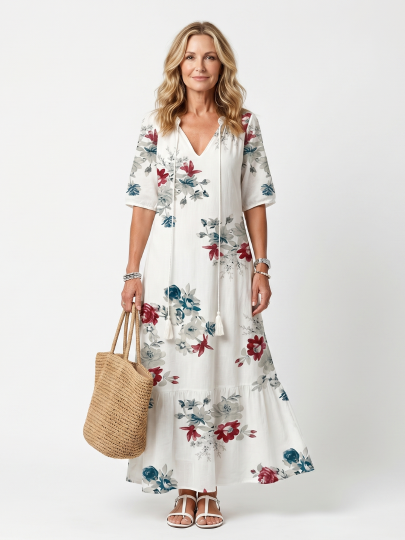 Maeva | Robe midi femme à petites fleurs, col noué à pompons