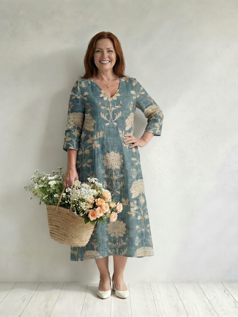 Léopoldine | Robe midi femme florale légère, manches longues col V coupe douce