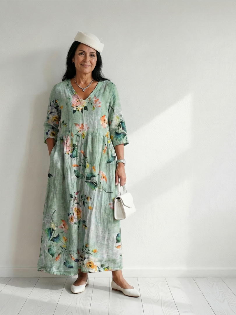 Victorine | Robe midi femme fleurie décontractée, manches longues coupe froncée