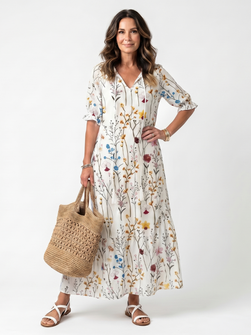 Sylvie | Robe midi femme à imprimé botanique, col noué à pompons