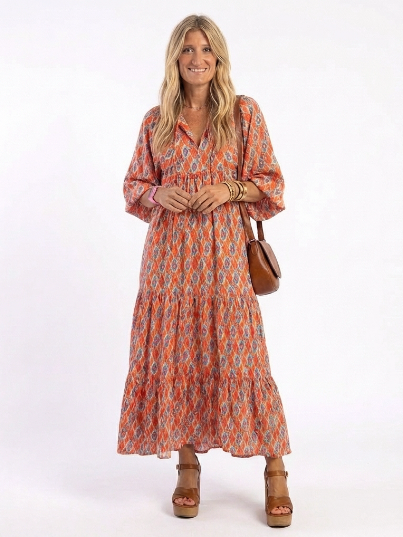 Amara | Robe midi femme à volants, col V imprimé géométrique