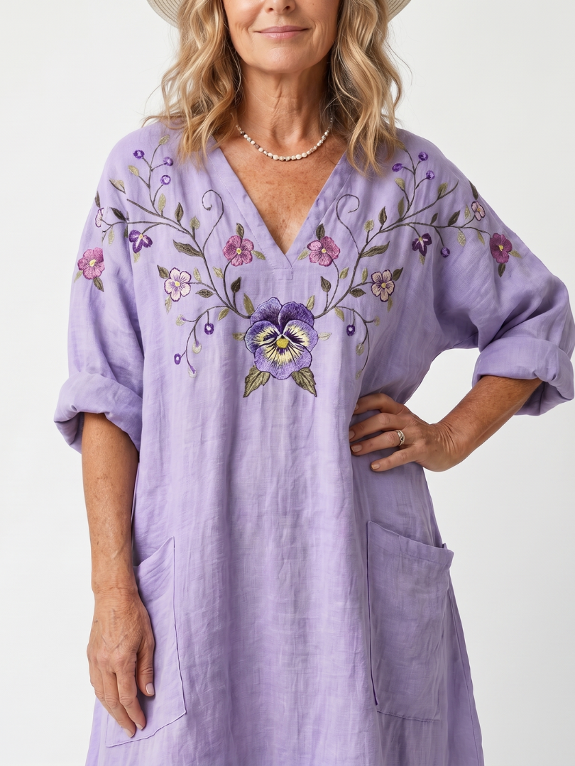 Tavi | Robe midi femme oversize à poches, broderie florale