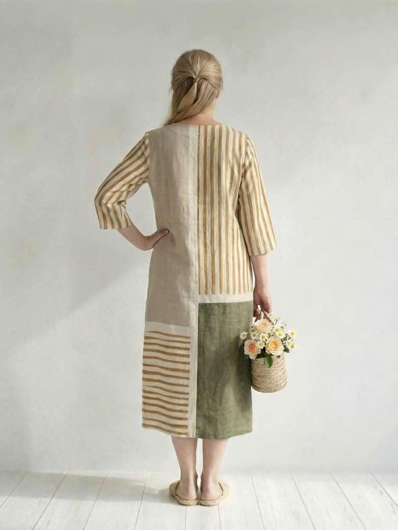 Marguerite | Robe midi femme rayée décontractée, manches longues col V