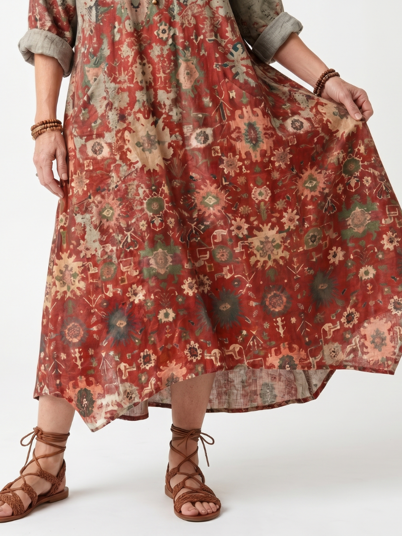 Saffron | Robe midi femme décontractée à poches, motifs mélangés