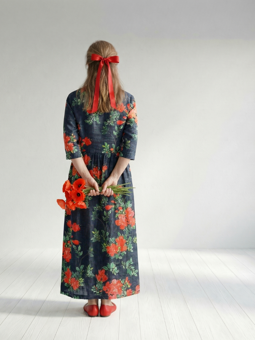 Célestine | Robe midi femme florale décontractée, coupe ample tissu doux naturel