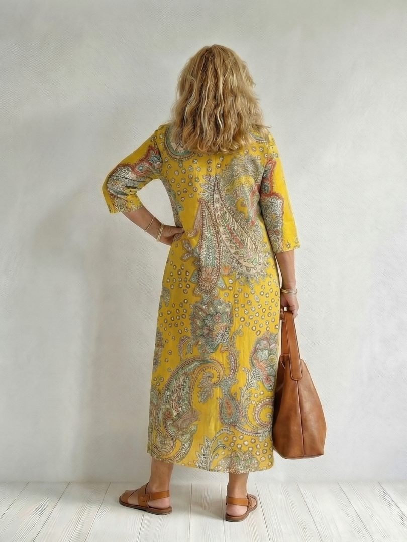 Philippine | Robe midi femme imprimé cachemire, légère respirante col V