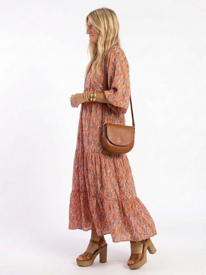 Amara | Robe midi femme à volants, col V imprimé géométrique