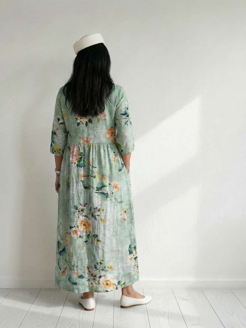 Victorine | Robe midi femme fleurie décontractée, manches longues coupe froncée