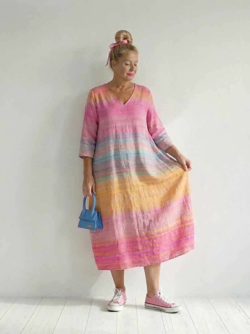 Blake | Robe midi femme rayée décontractée, manches longues col V fluide