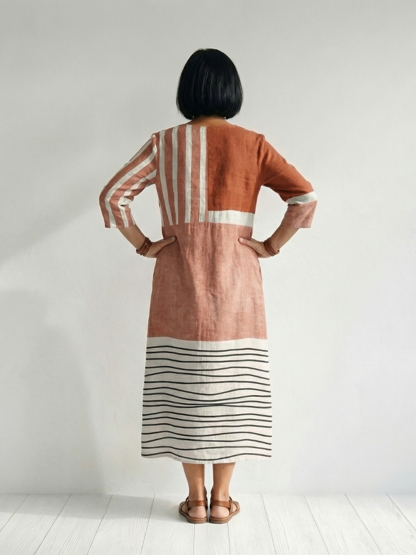 Henriette | Robe midi femme rayée fluide, col V décontractée légère