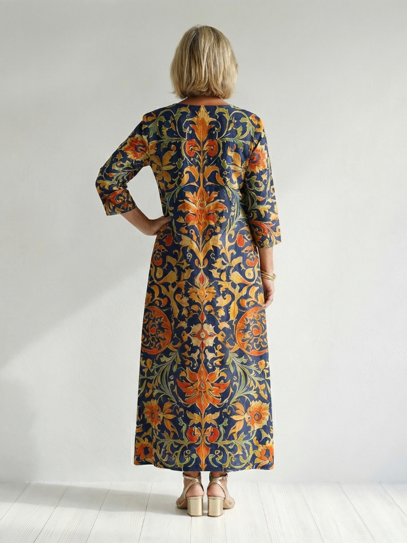 Elise | Robe midi femme imprimé floral, manches longues col V tissu doux