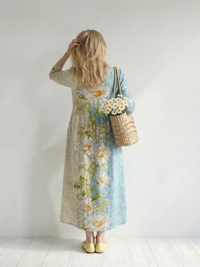 Pâquerette | Robe midi femme imprimé marguerites, légère fluide manches longues