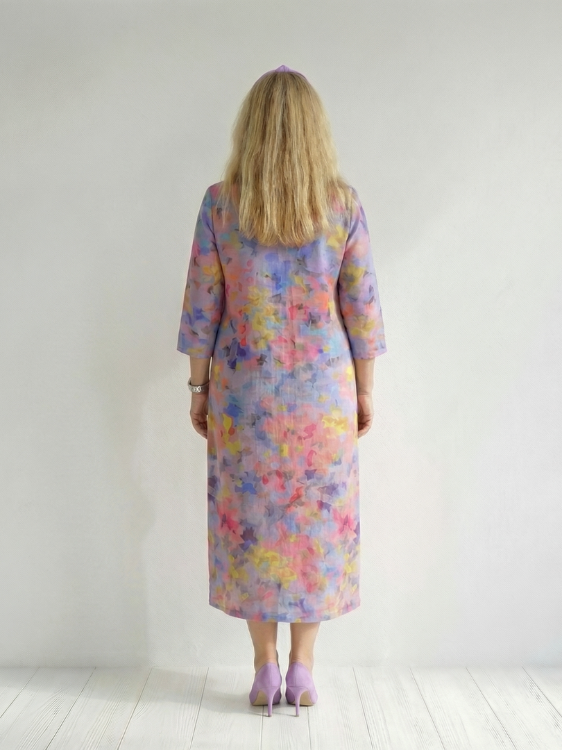 Ombeline | Robe midi femme fleurie fluide, manches longues motif floral abstrait