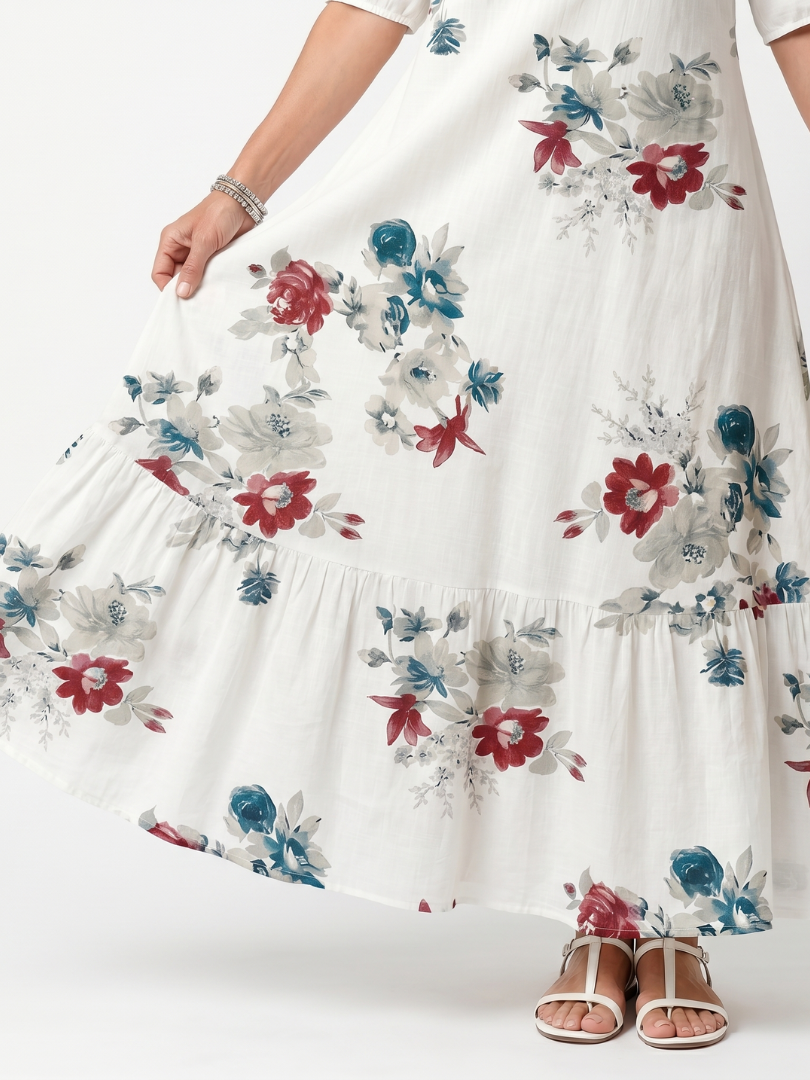 Maeva | Robe midi femme à petites fleurs, col noué à pompons