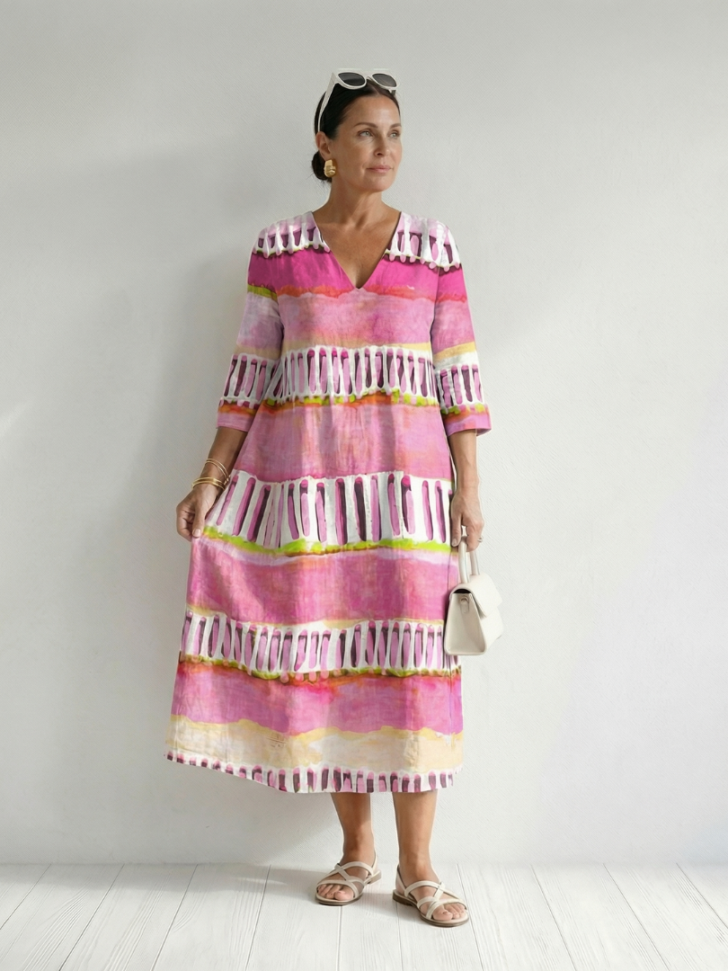 Antoinette | Robe midi femme fluide à rayures, motifs variés manches longues