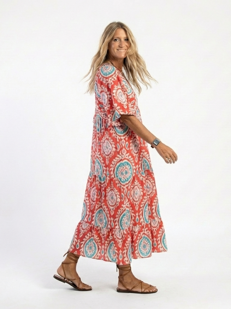 Zaria | Robe midi femme col V, manches courtes imprimé cachemire