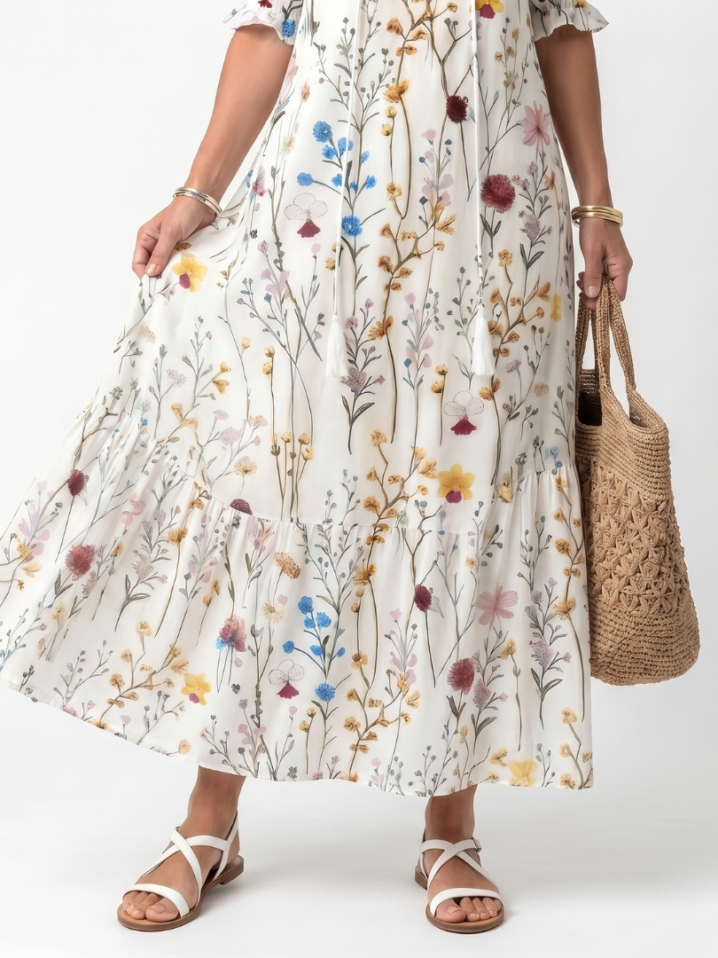 Sylvie | Robe midi femme à imprimé botanique, col noué à pompons