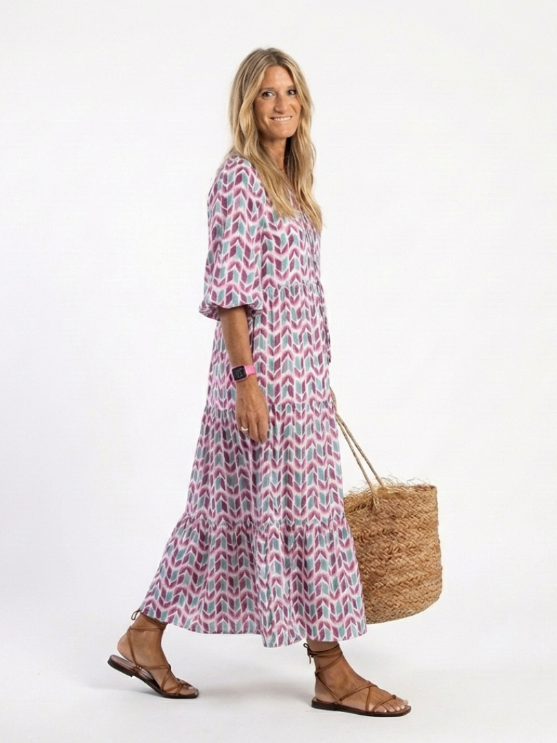Mireya | Robe midi femme à volants, manches longues imprimé géométrique